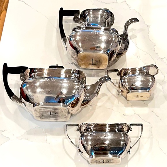 COPY - Solid sterling Silver English Tea Set with Black Handles - Picture 1 of 16